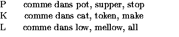 $\textstyle\parbox{8cm}{
 P \hspace{.5cm} comme dans pot, supper, stop\\ 
 K \...
 ...} comme dans cat, token, make\\ 
 L \hspace{.5cm} comme dans low, mellow, all}$