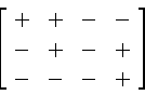 \begin{displaymath}
\left[
\begin{array}
{cccc}
+ & + & - & - \\ 
- & + & - & + \\ 
- & - & - & + \\ \end{array}
\right]\end{displaymath}